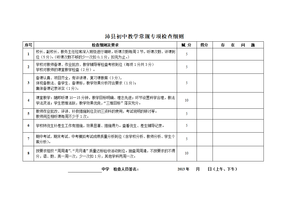 初中常规检查表