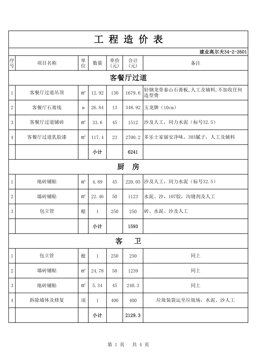 工程造价表第1页