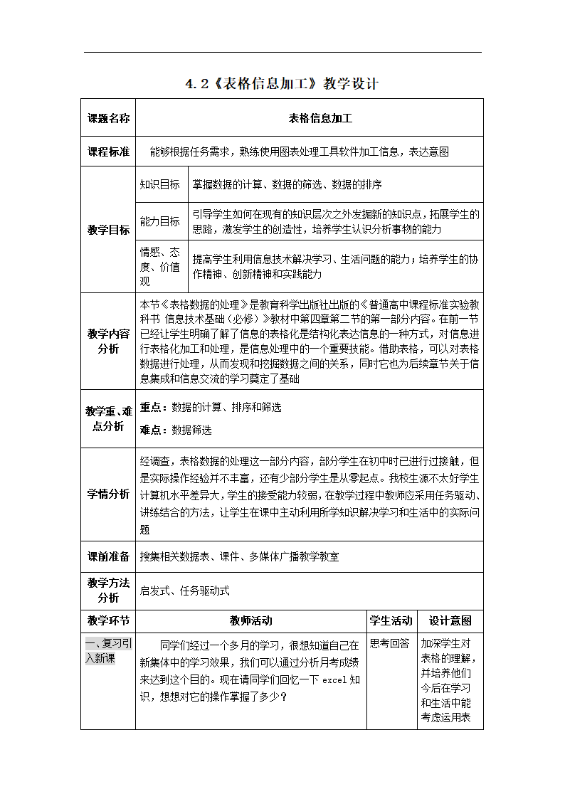 教科版高中信息技术 必修 4.2《表格信息加工》教学设计教案.doc