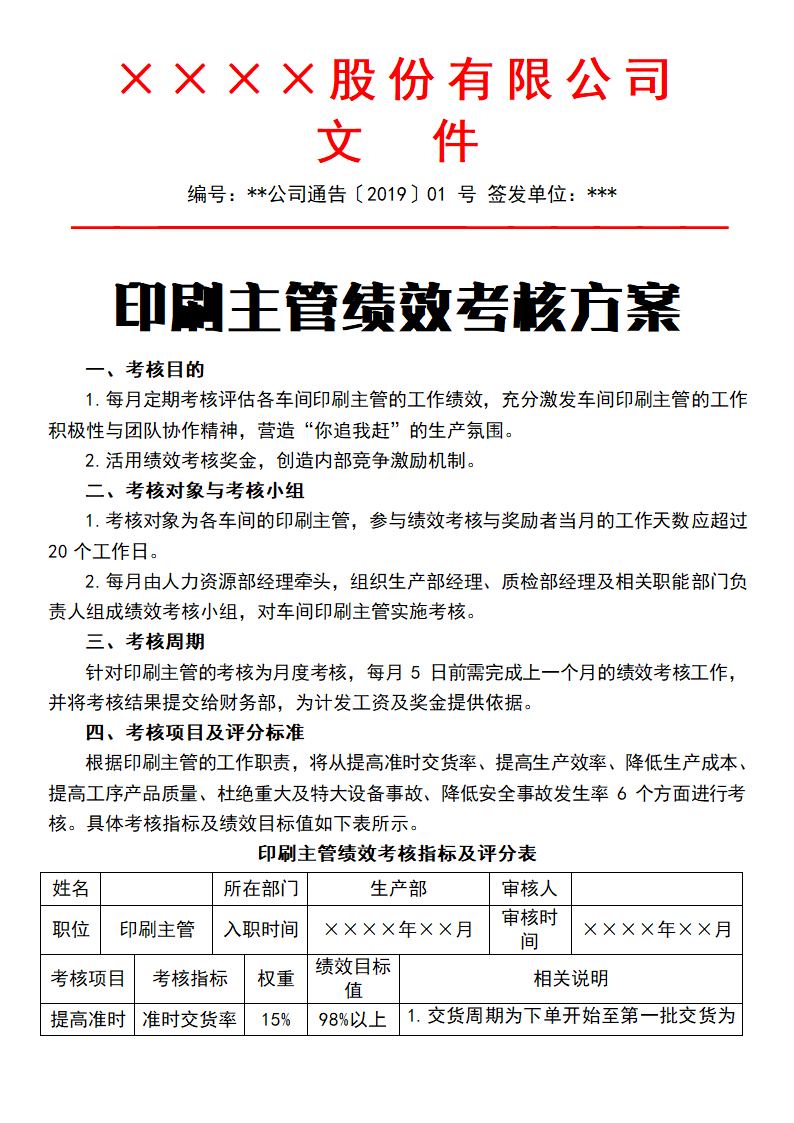 印刷主管绩效考核方案.docx