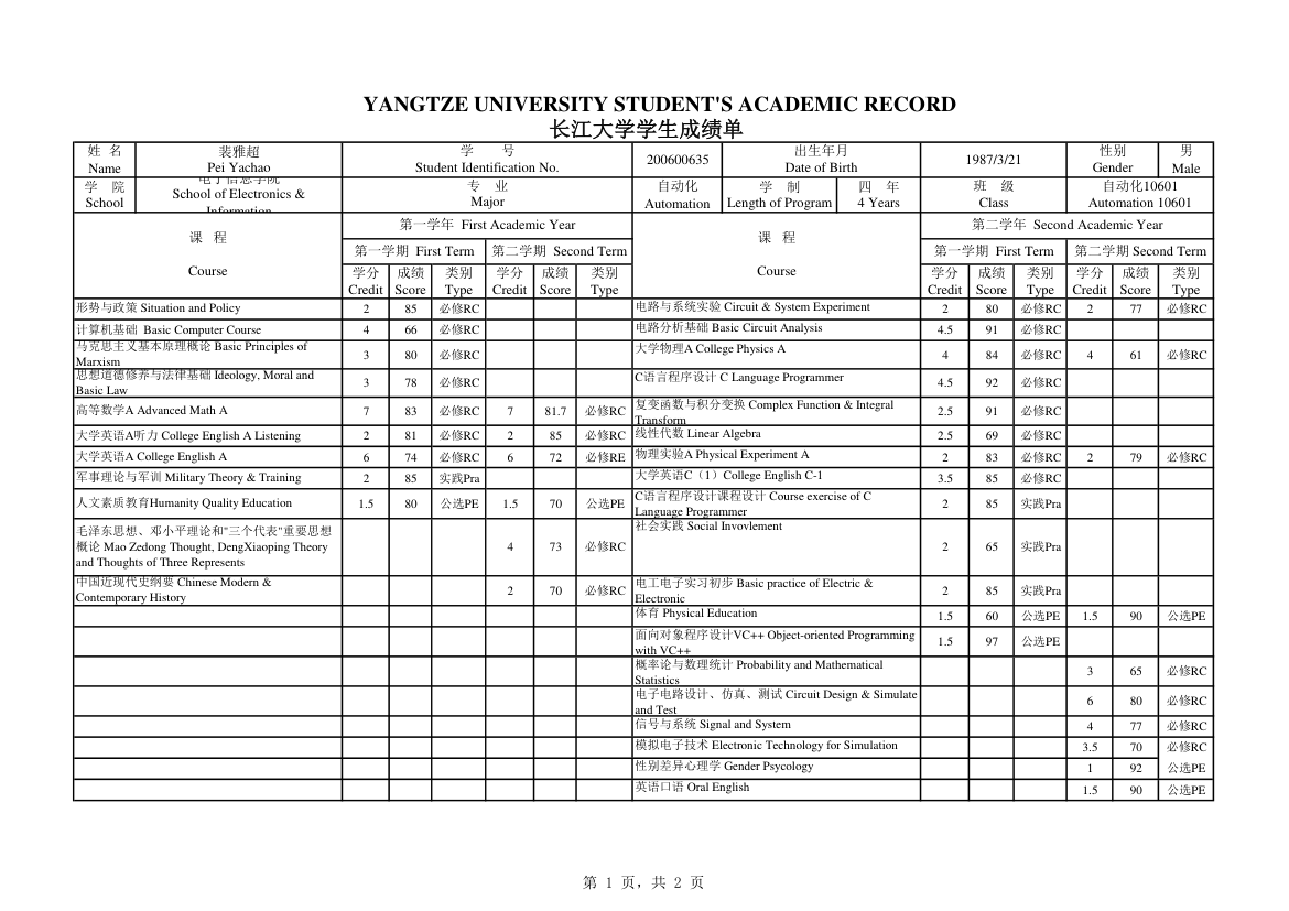 长江大学中英文成绩单模板第1页