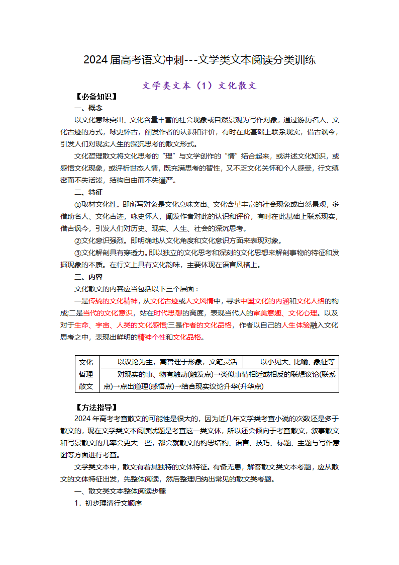 2024届高考语文冲刺---文学类文本（文化散文）分类训练学案（含答案）.doc