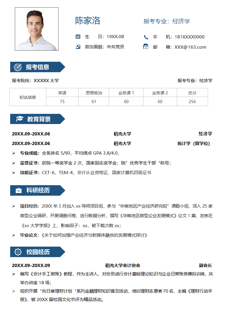 经济学考研复试单页简历.docx