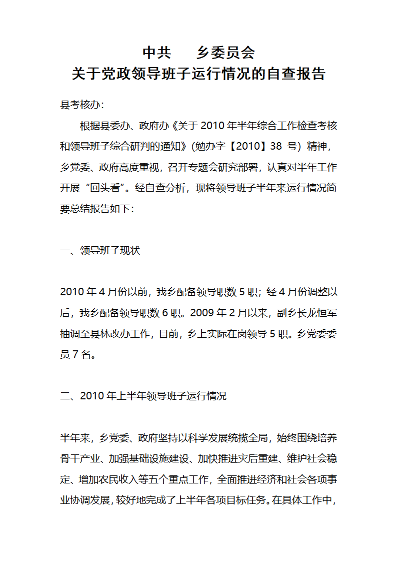 关于党政领导班子运行情况的自查报告第1页