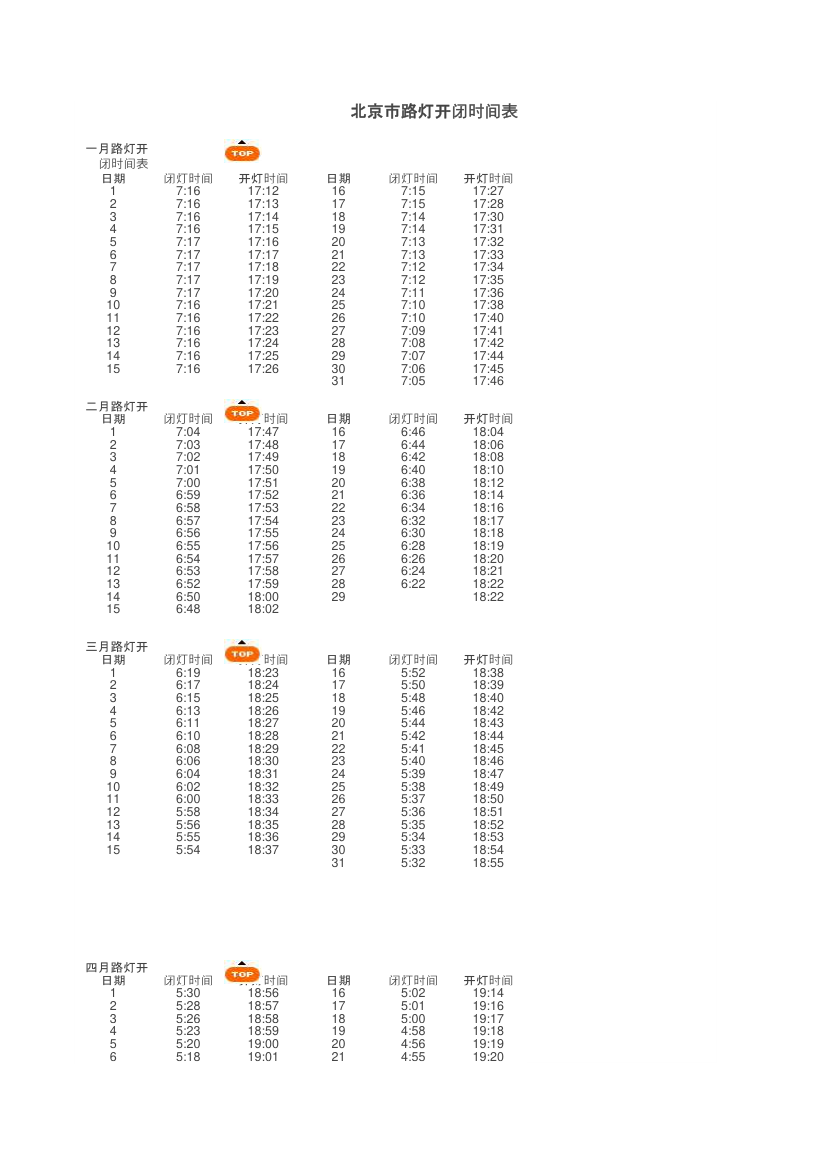 北京市路灯开闭时间表第1页