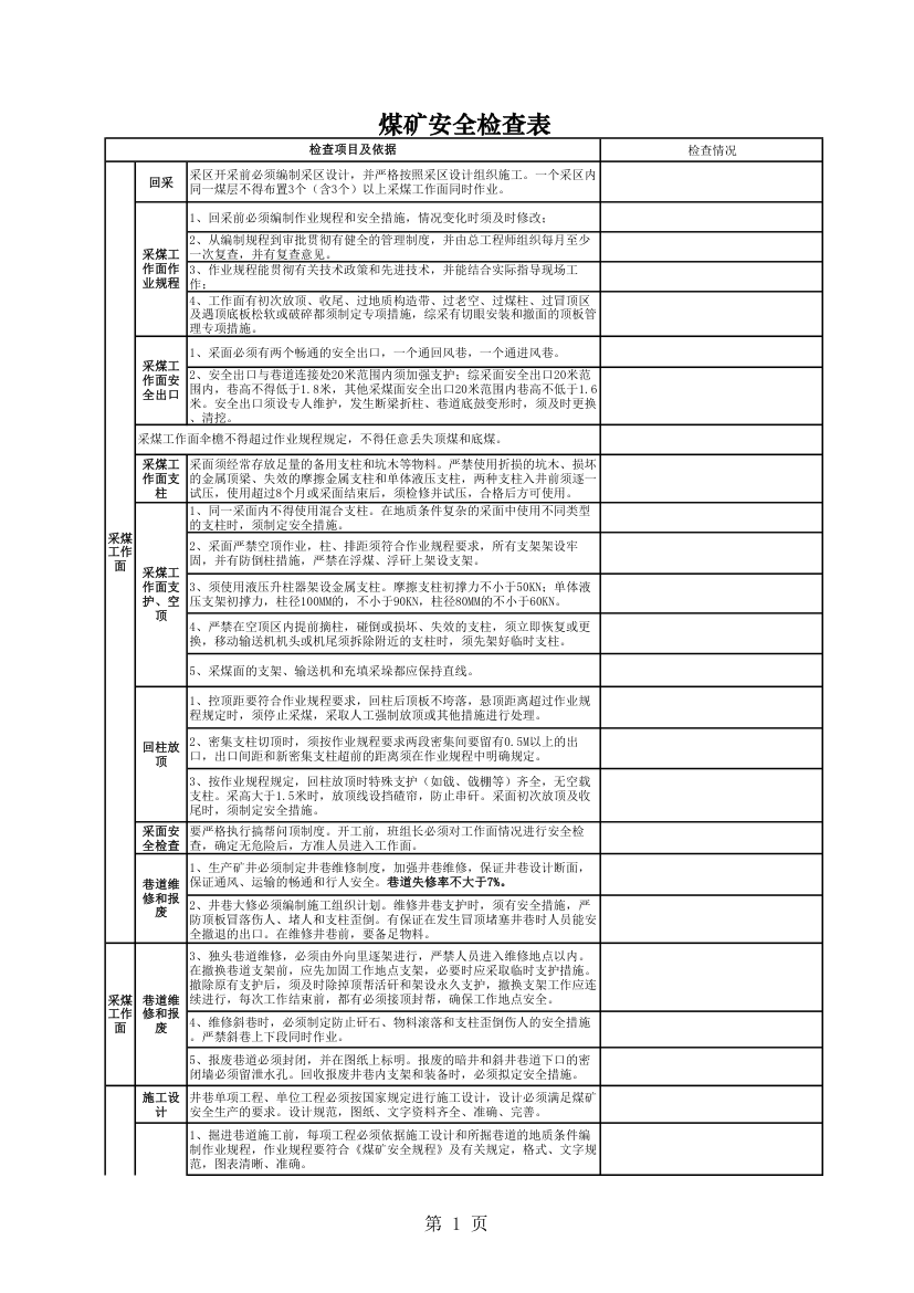 煤矿安全检查表。