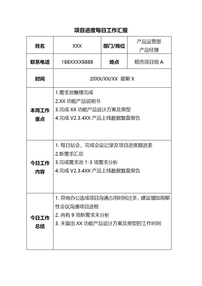 项目进度产品经理每日工作汇报.docx