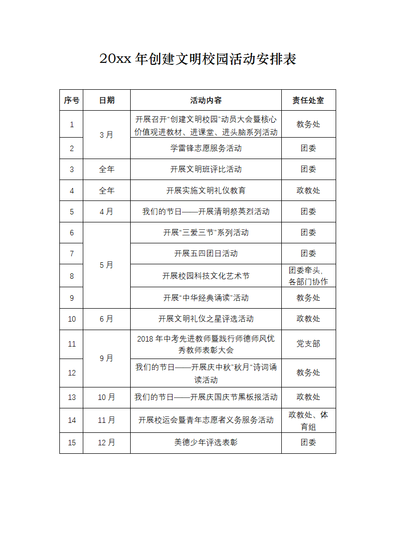 创建文明校园活动安排表.doc