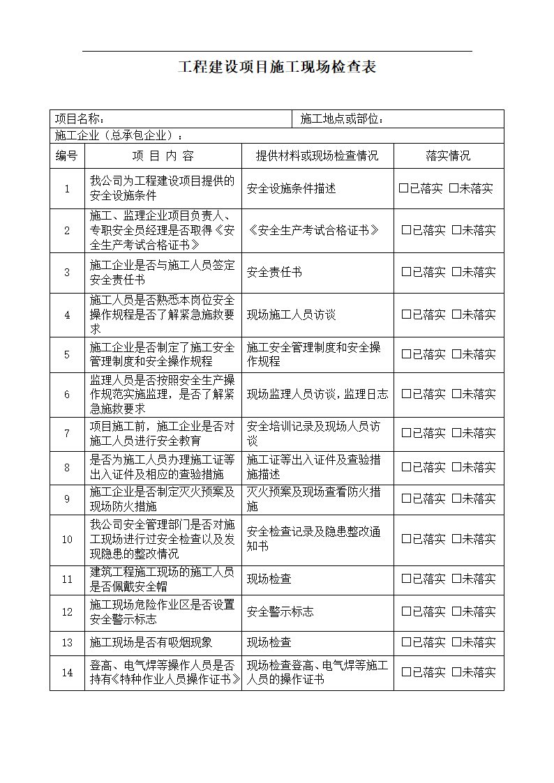 施工现场检查表第1页