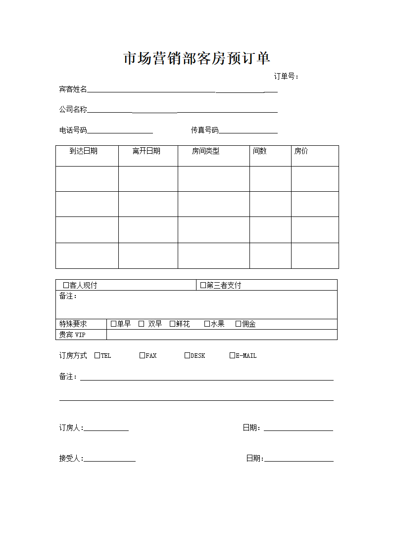 市场营销部客房预订单.docx