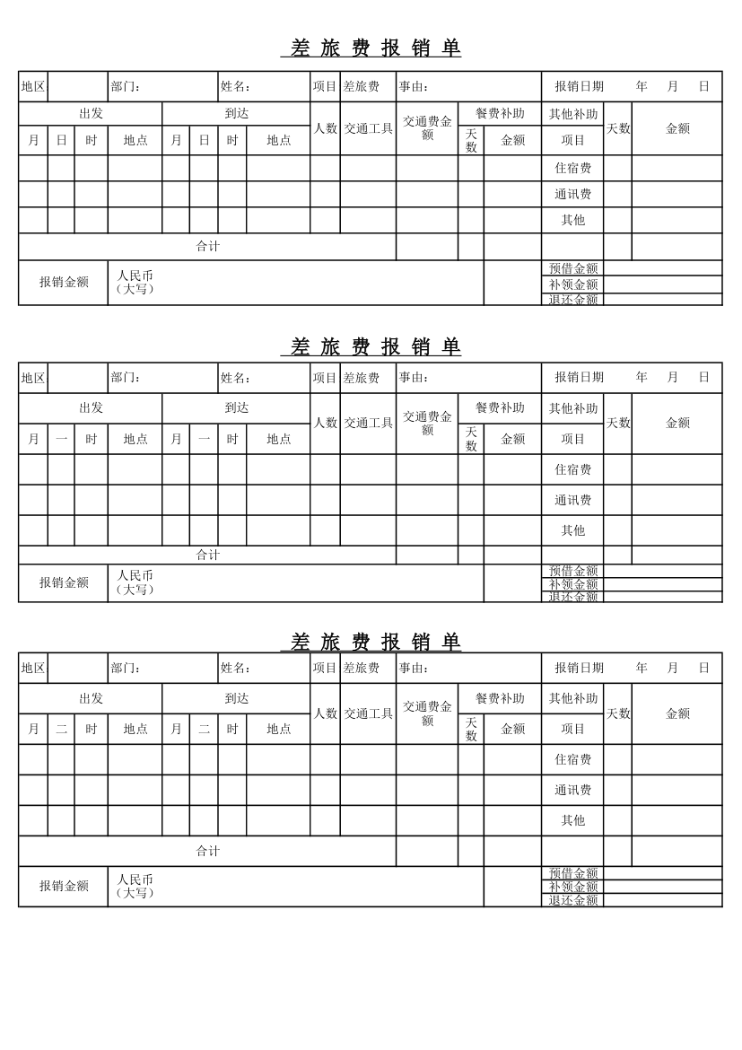 差旅费报销单EXCEL模板