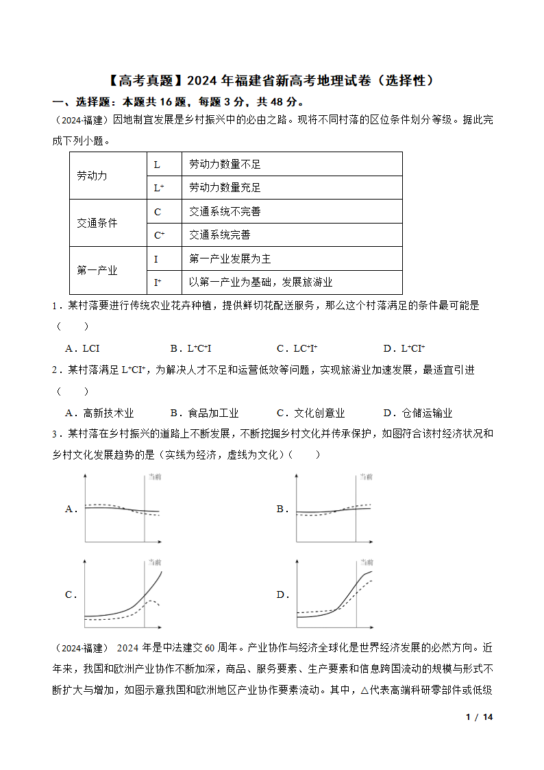 【精品解析】【高考真题】2024年福建省新高考地理试卷（选择性）.doc第1页