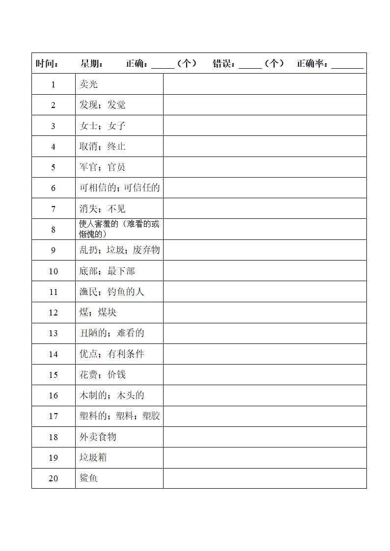 2022年人教版中考复习九年级中英词汇默写（第四周）（word版）.doc第15页