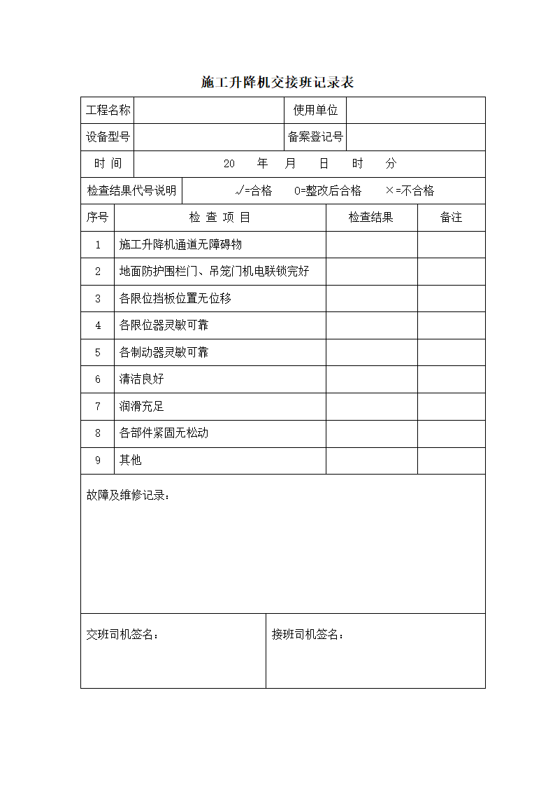 施工升降机交接班记录表及点检表.docx