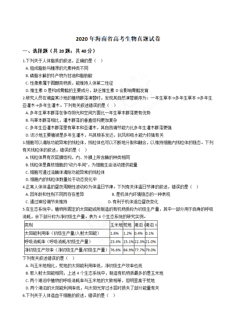 2020年海南省高考生物真题试卷.docx第1页