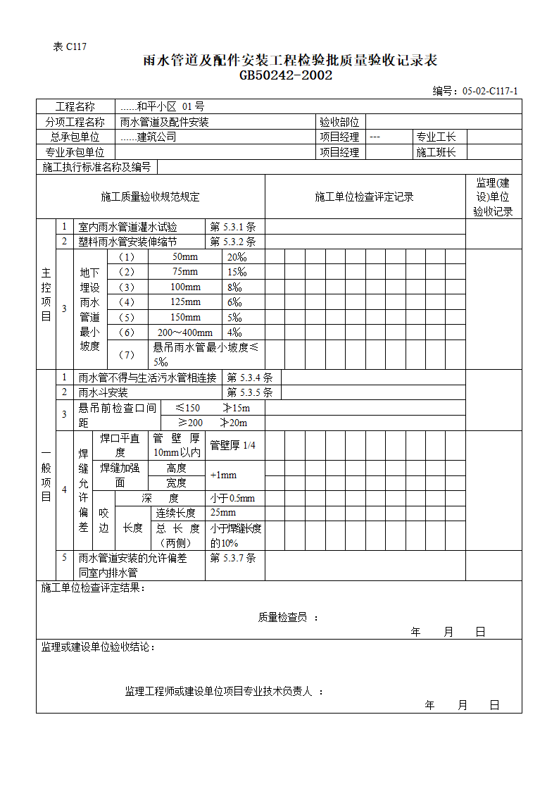 某小区雨水管道及配件安装工程检验批质量验收记录表.doc