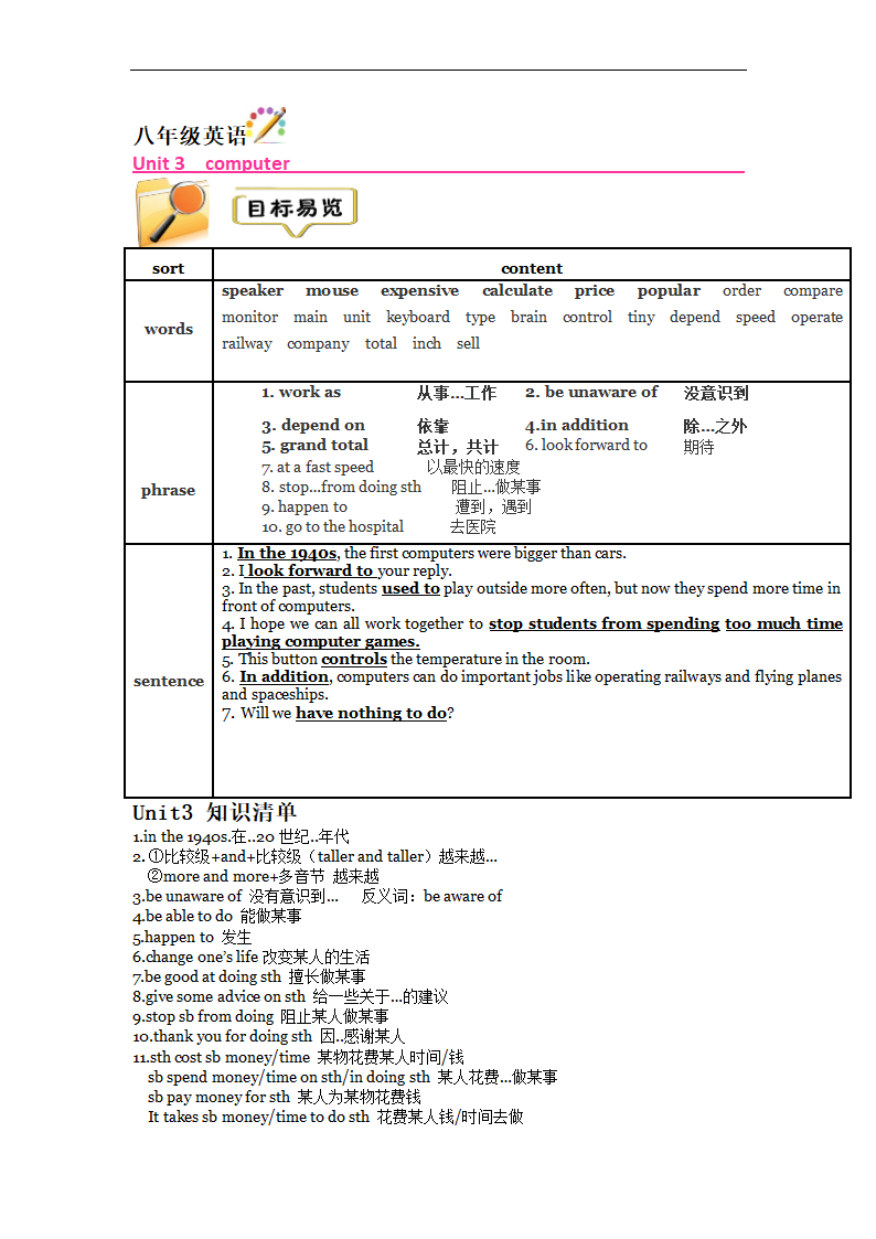 牛津深圳版英语八上 Unit 3 Computers 知识点+练习（无答案）.doc第1页