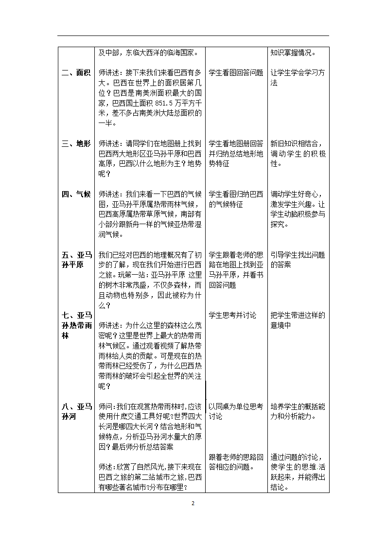 湘教版地理七年级下册  第八章 第六节 巴西  教案（表格式）.doc第2页