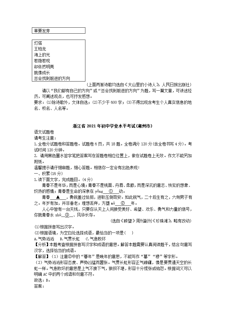 2021年浙江省湖州市中考语文试题（word解析版）.doc第6页