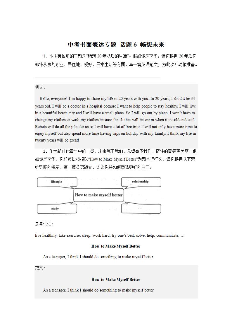 2023年英语中考书面表达专题 话题6 未来生活 畅想未来（含答案）.doc第1页