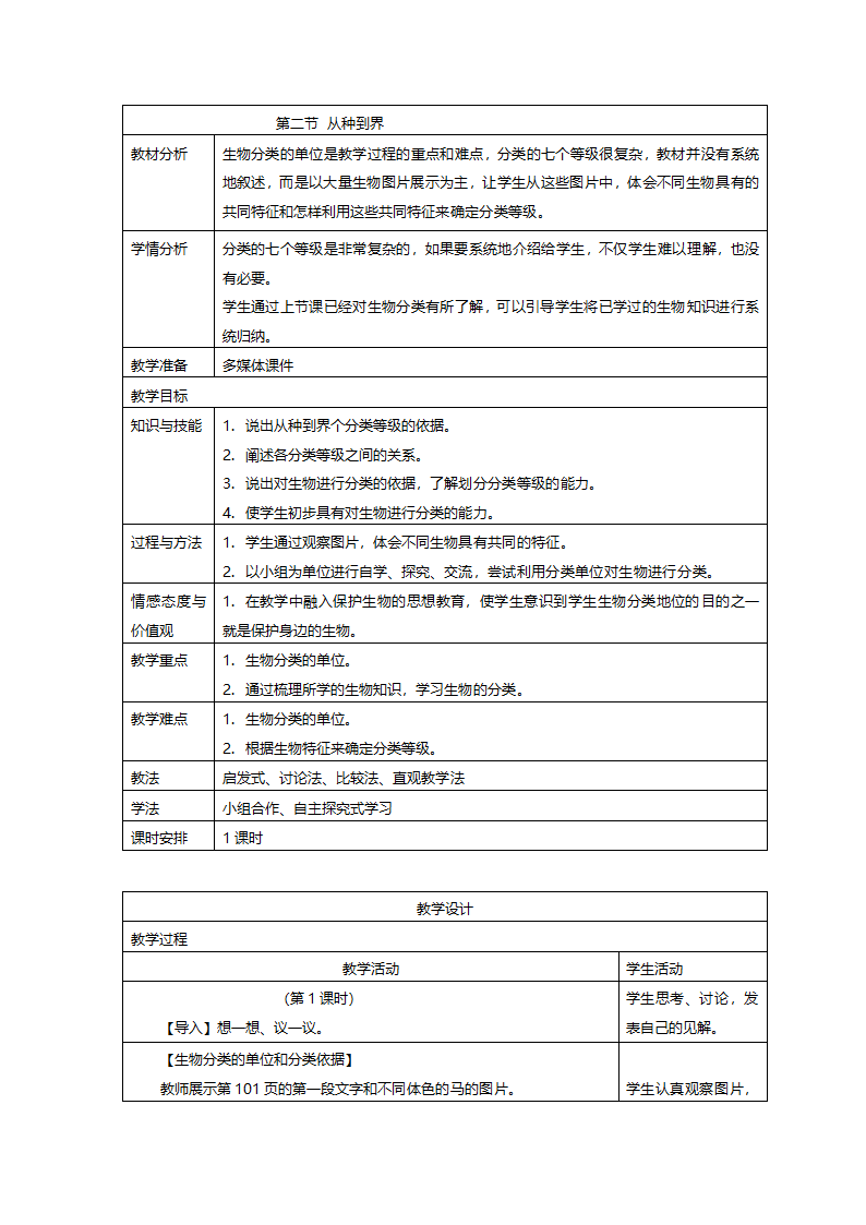 人教版八年级上册生物6.1.2 从种到界 教案.doc第1页