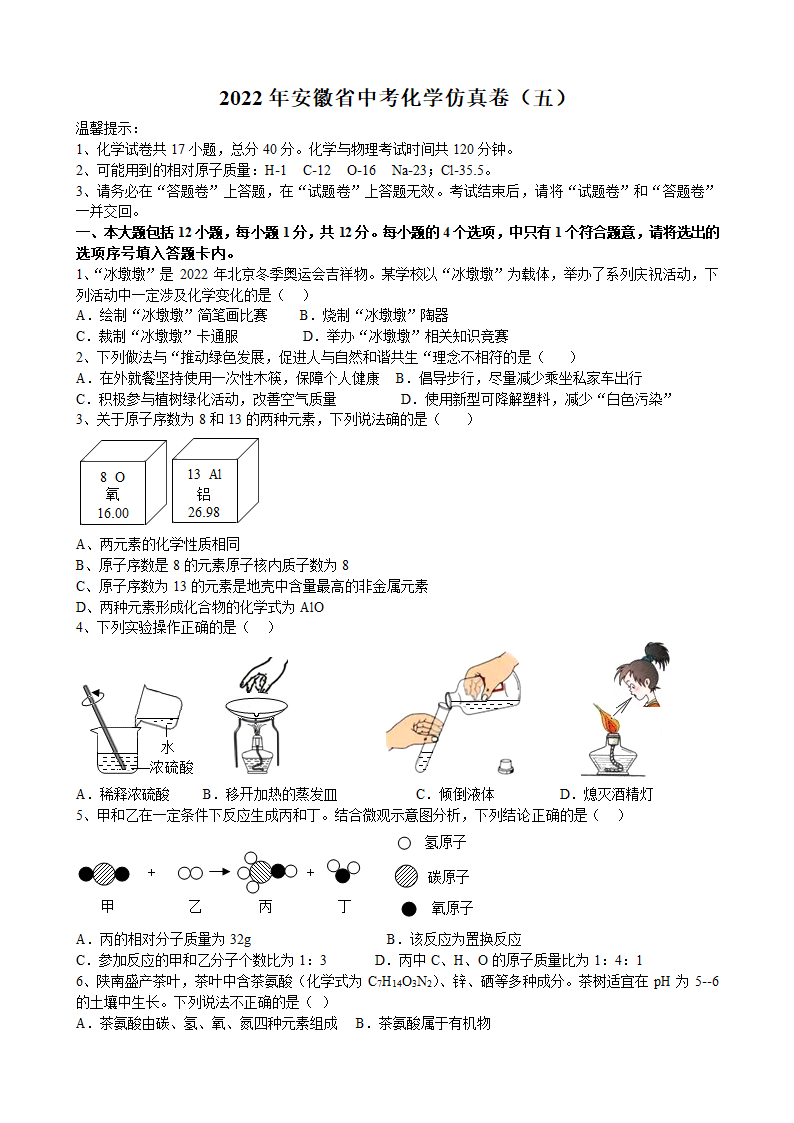 2022年安徽省中考化学仿真卷（五）（word版有答案）.doc第1页