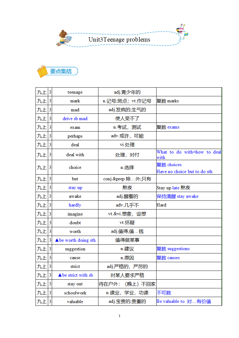 译林初中英语九上Unit 3 Teenage problems知识梳理与练习（含答案）.doc第1页