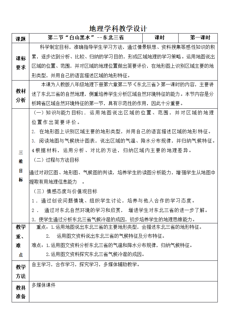 2021-2022学年八年级地理下册-人教版6.2“白山黑水”--东北三省-教案（表格式）.doc