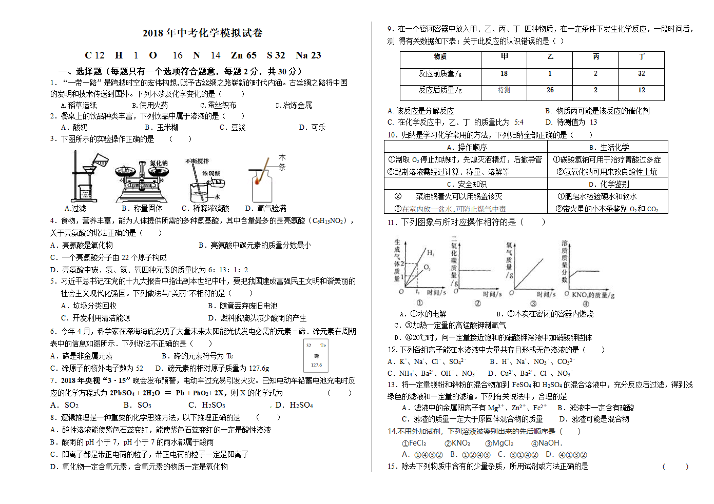 2018年中考化学模拟试卷