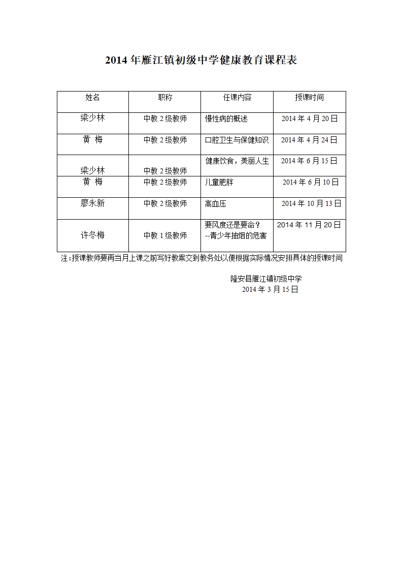 2014健康教育课程表第1页