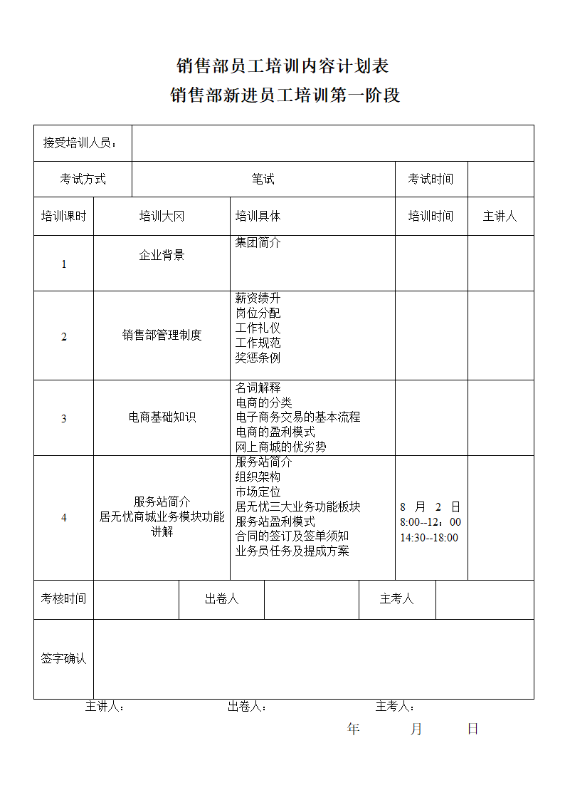 销售部培训计划表第1页