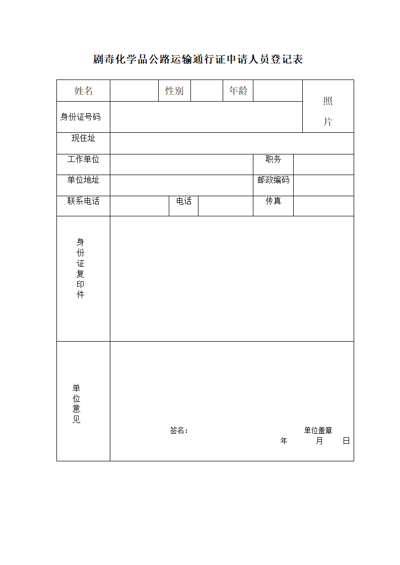 剧毒化学品公路运输通行证申请人员登记表