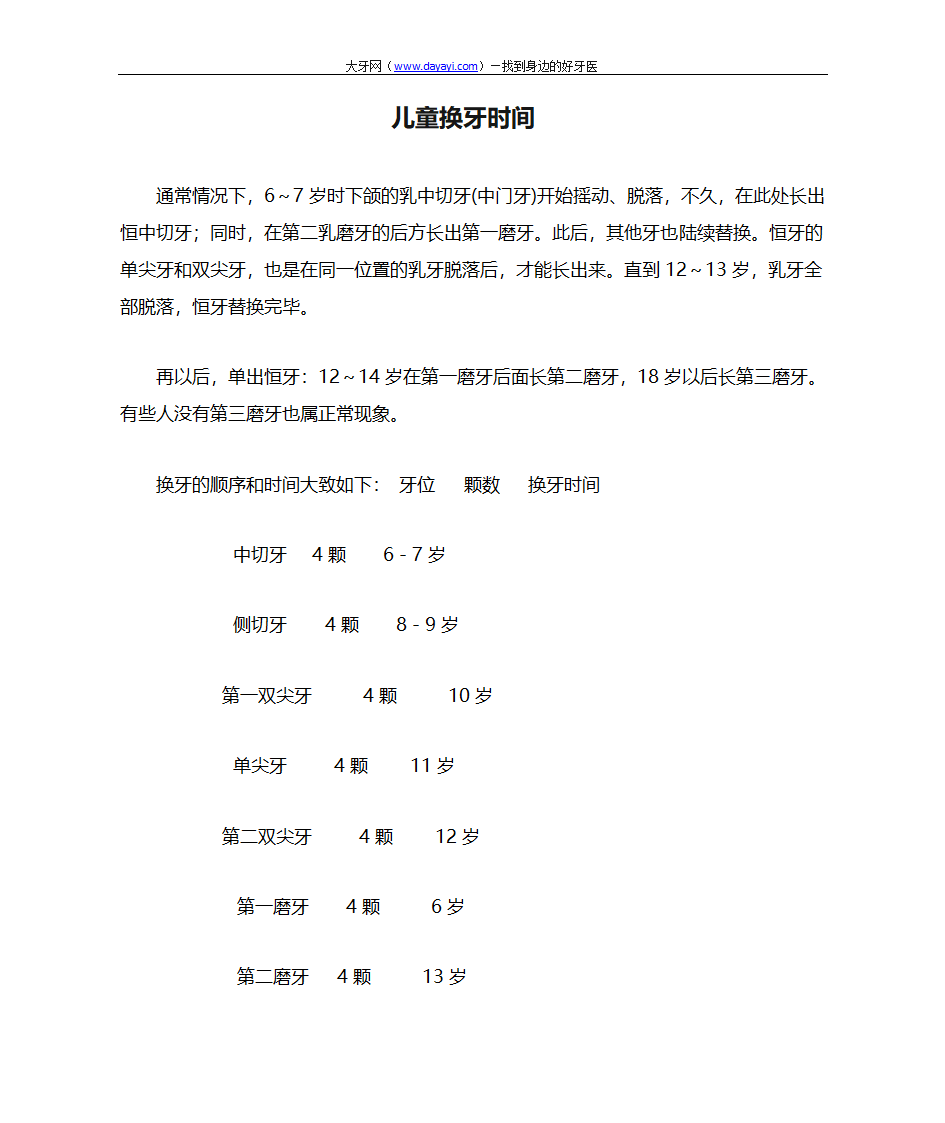 儿童换牙时间表