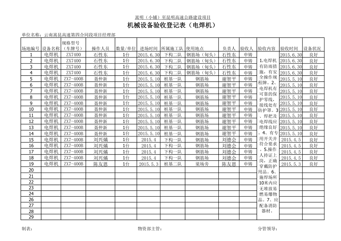 电焊机管理验收台账