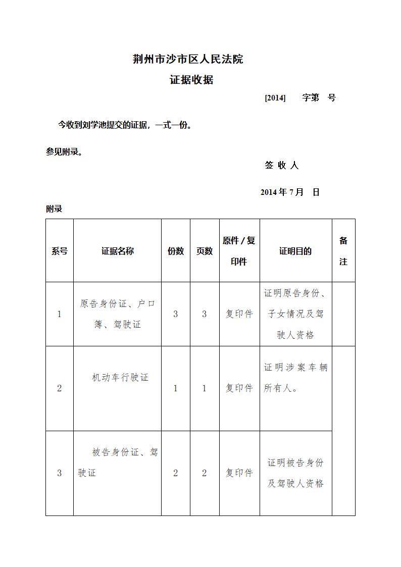 沙市区法院证据收据(2)