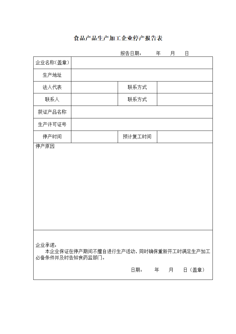 食品企业停产报告与复工报告表模板