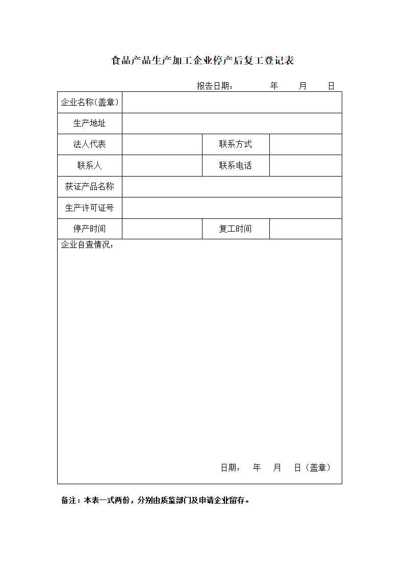 食品企业停产报告与复工报告表模板第2页
