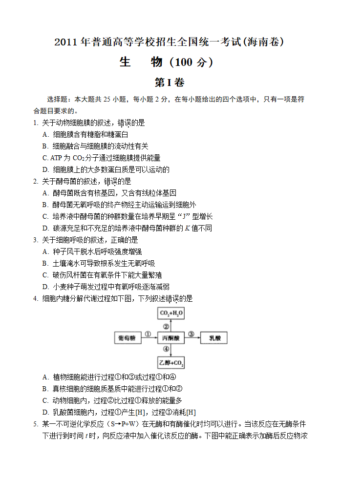 2011年高考理综生物试卷及答案(海南卷)第1页