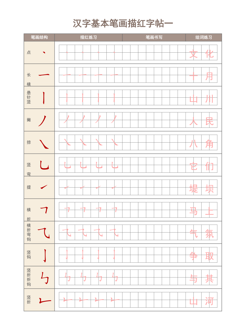 汉字基本笔画描红训练（可编辑）.xlsx