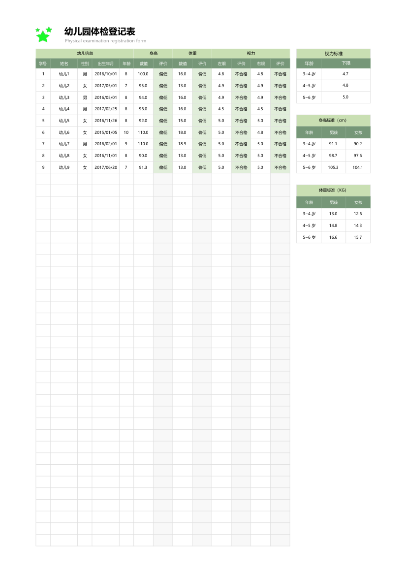 幼儿园体检登记表（自动评价）.xlsx第1页