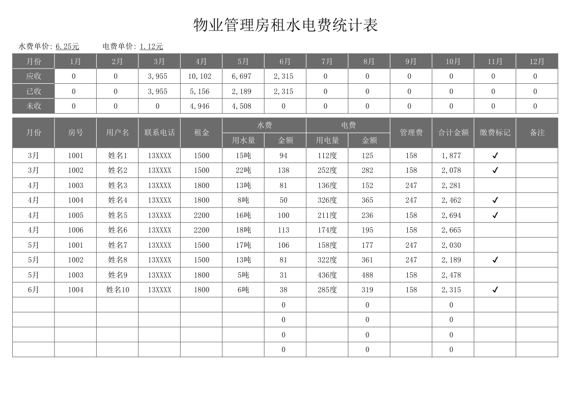 物业管理房租水电费统计表.xlsx第1页