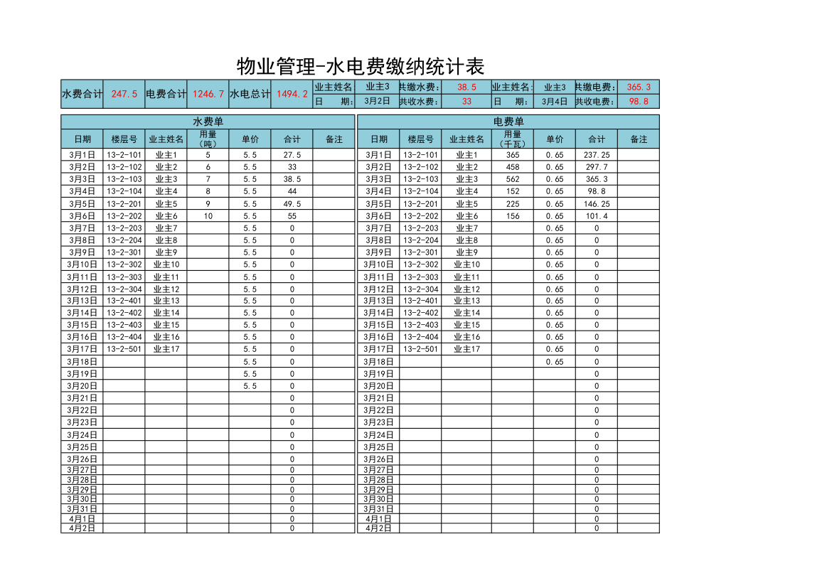 物业管理-水电费缴纳统计表.xlsx