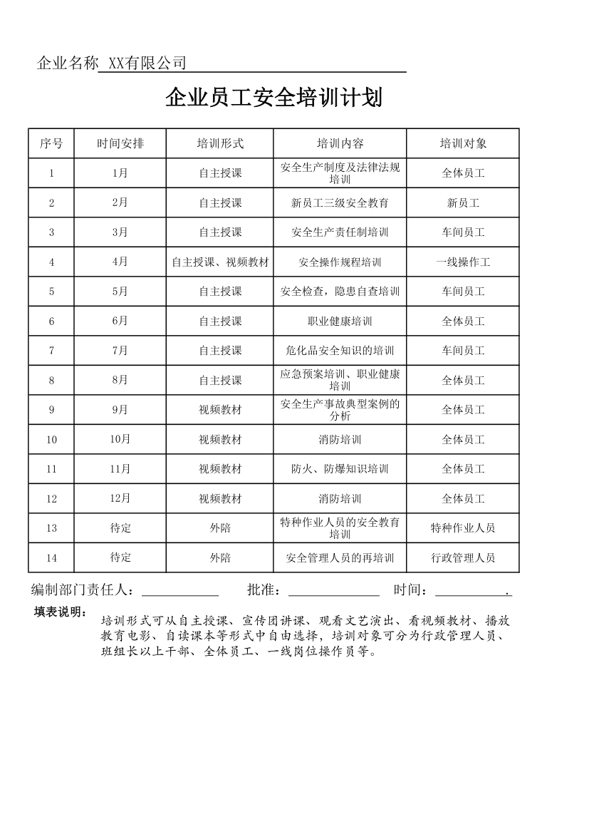 企业员工安全培训计划.xlsx第1页