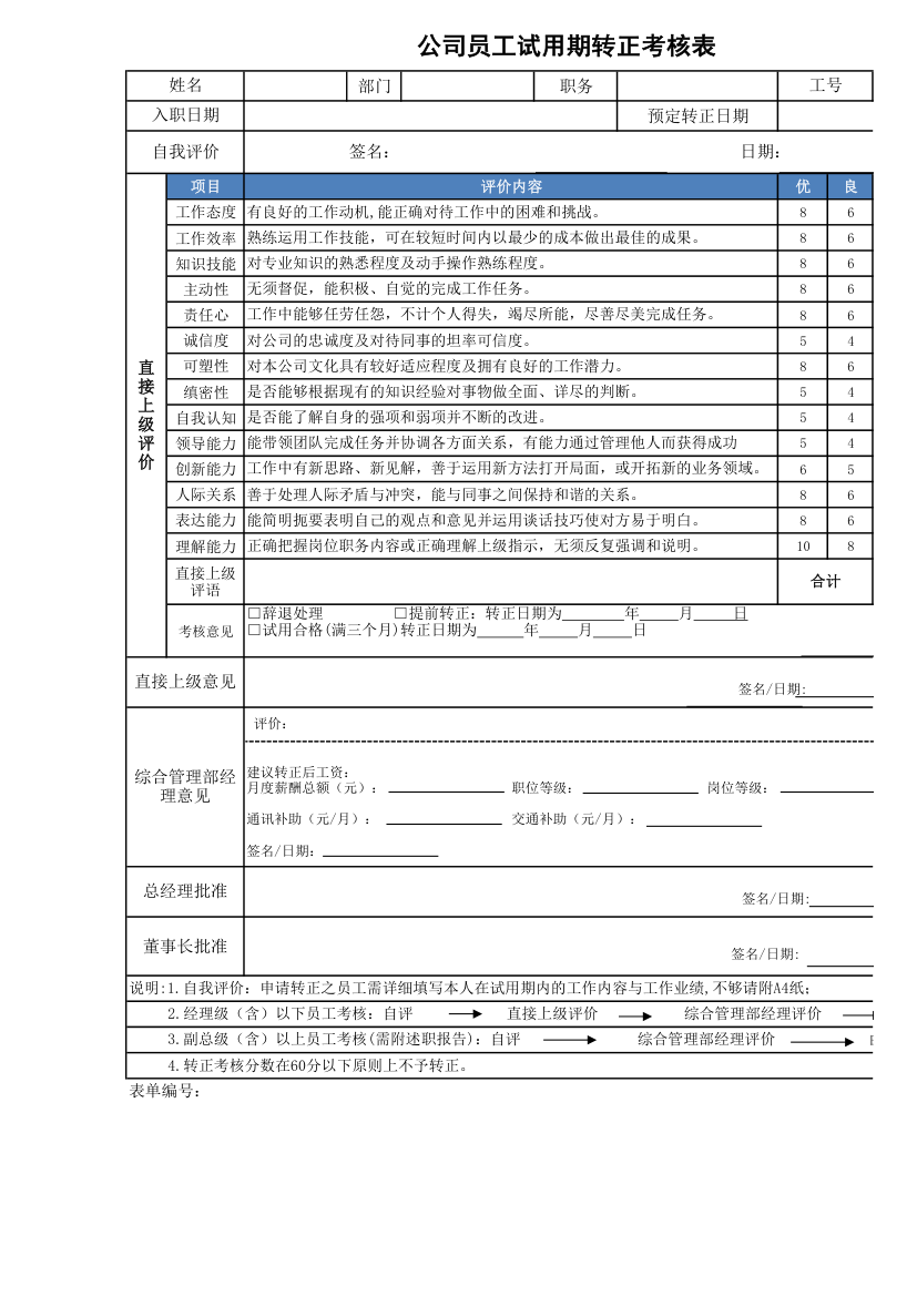 公司员工试用期转正考核表.xlsx第1页