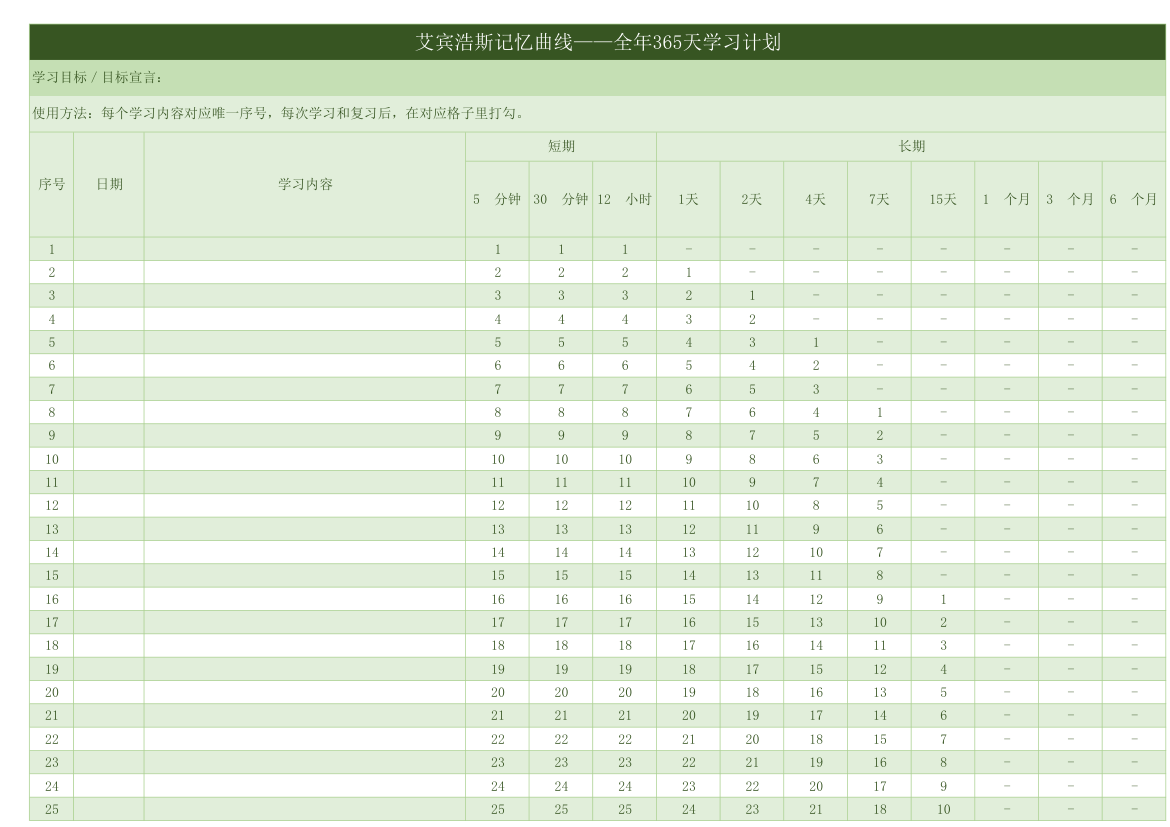 艾宾浩斯记忆曲线全年学习计划.xlsx