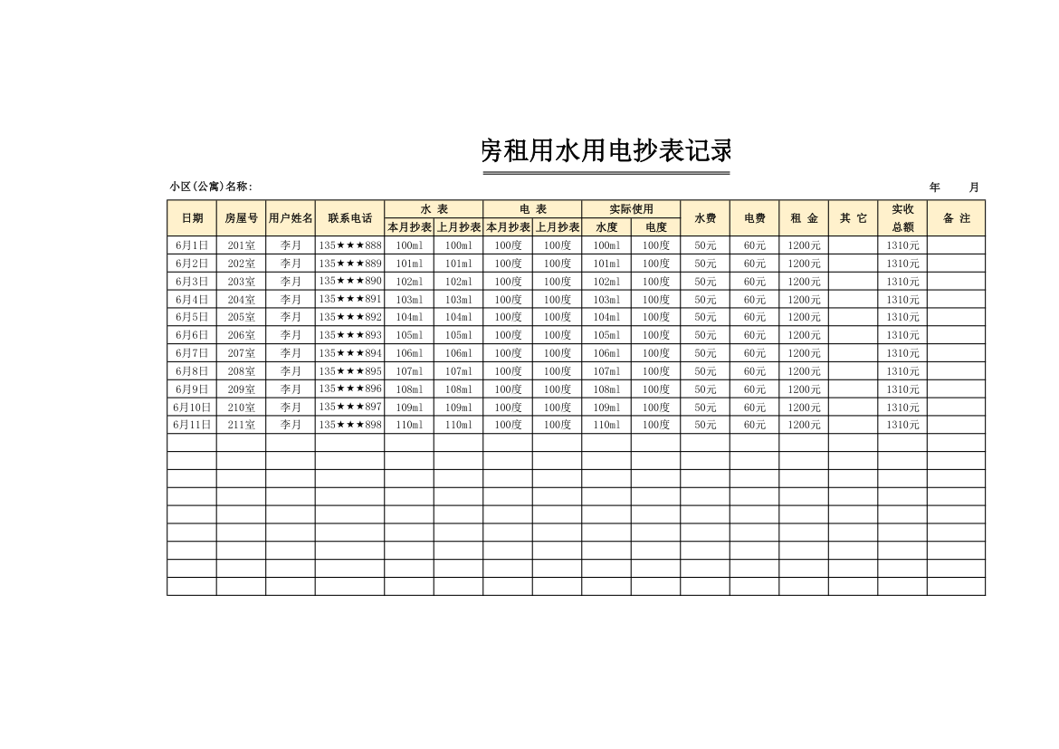 房租用水用电抄表记录.xlsx第1页