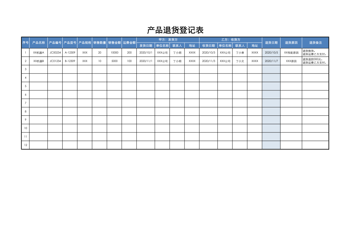 产品退货登记表.xlsx第1页