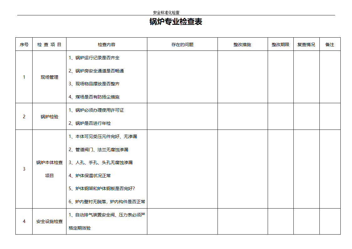 锅炉专业检查表