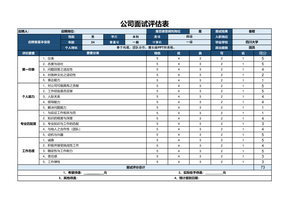 公司面试评分表.xlsx第1页