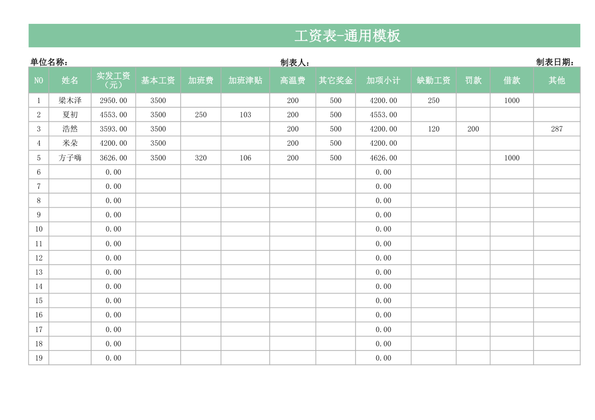 工资表-通用模板.xlsx第1页